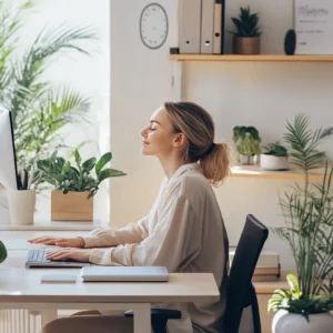 Relaxed professional woman in white shirt sitting at home office desk with eyes closed, practicing mindfulness techniques surrounded by indoor plants and organized workspace