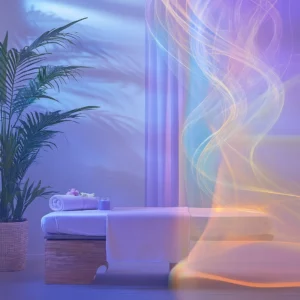 Peaceful therapy room with massage table, rolled towels, and palm plant, bathed in calming purple and orange light for holistic trauma recovery sessions