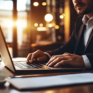 Business professional in suit working on laptop in evening hours with warm ambient lighting, symbolizing the challenge of work-life boundaries