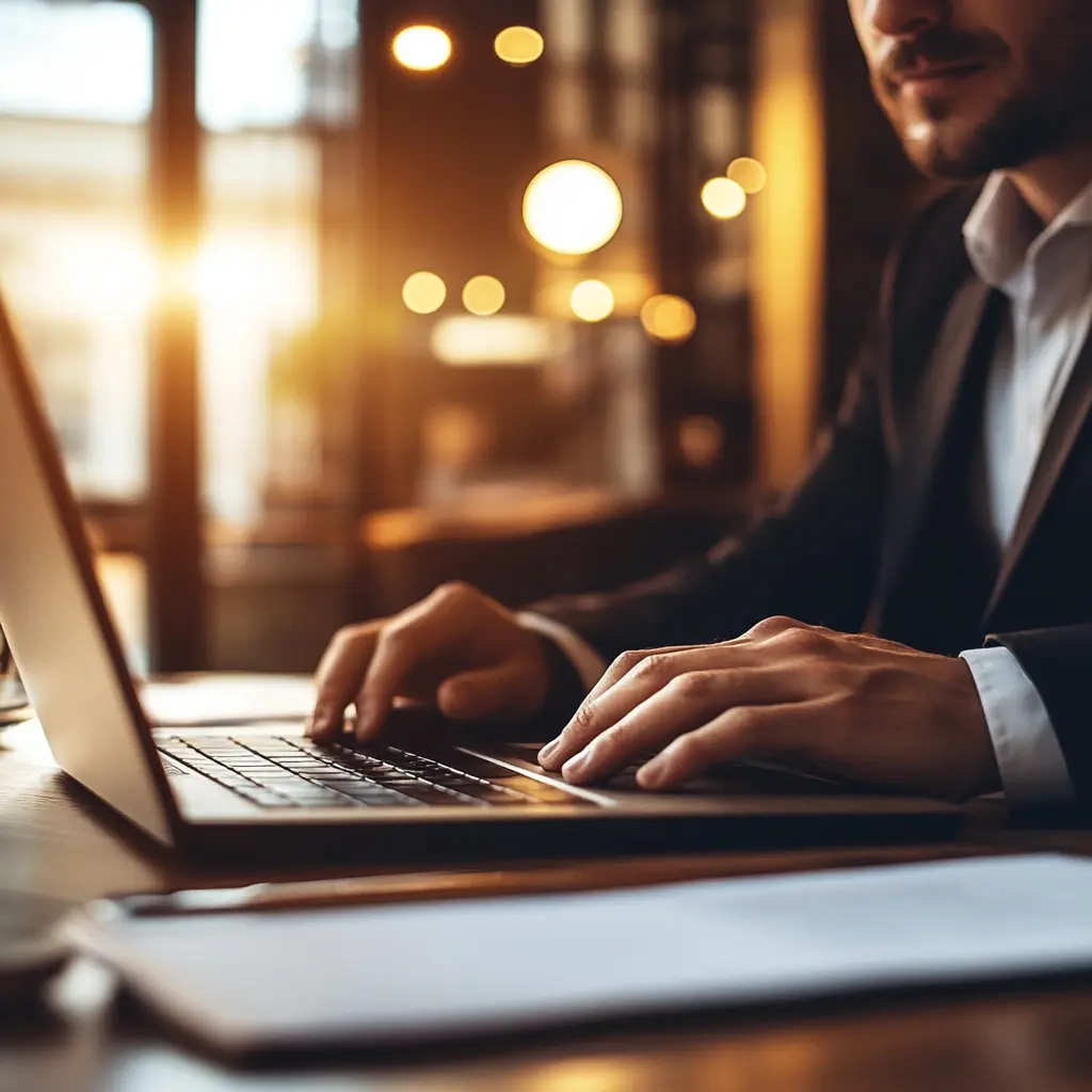 Business professional in suit working on laptop in evening hours with warm ambient lighting, symbolizing the challenge of work-life boundaries
