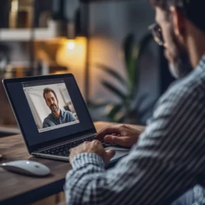 Man in casual business attire attending virtual therapy session, viewed from behind while video conferencing with male therapist on laptop in evening home office setting