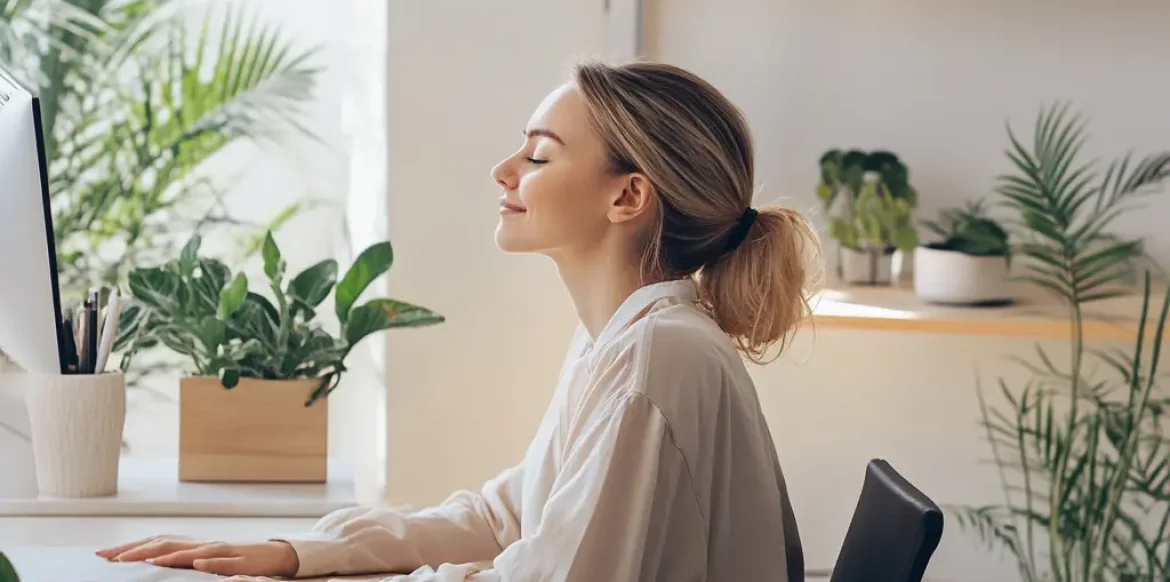 Relaxed professional woman in white shirt sitting at home office desk with eyes closed, practicing mindfulness techniques surrounded by indoor plants and organized workspace