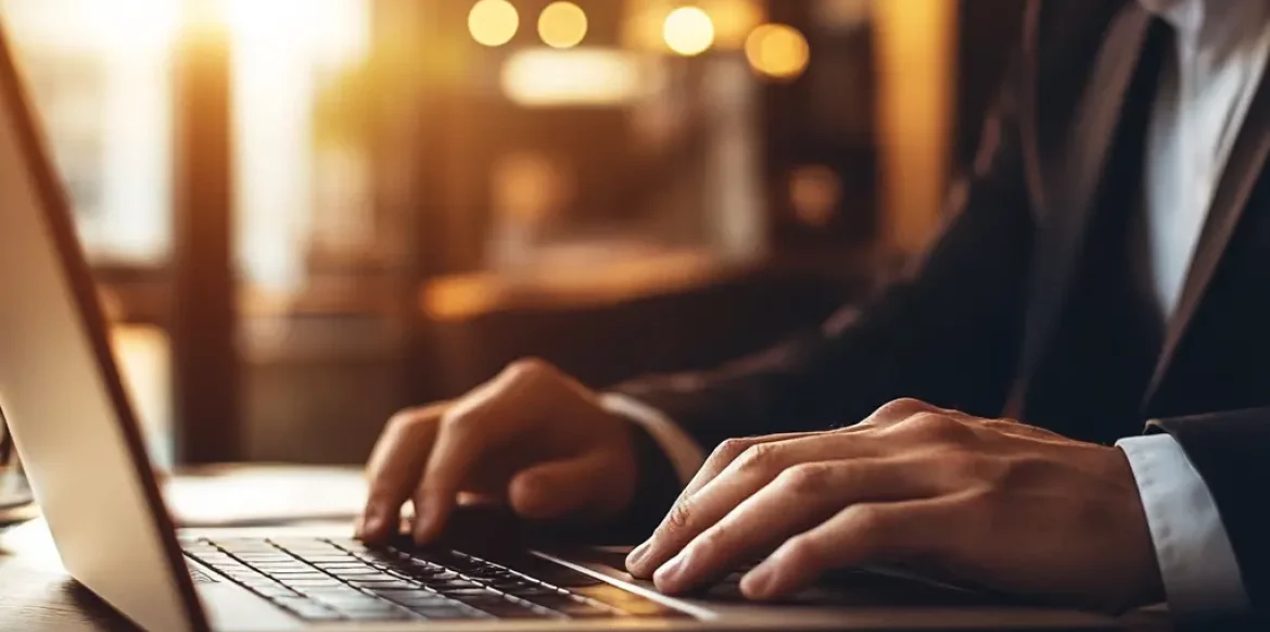 Business professional in suit working on laptop in evening hours with warm ambient lighting, symbolizing the challenge of work-life boundaries